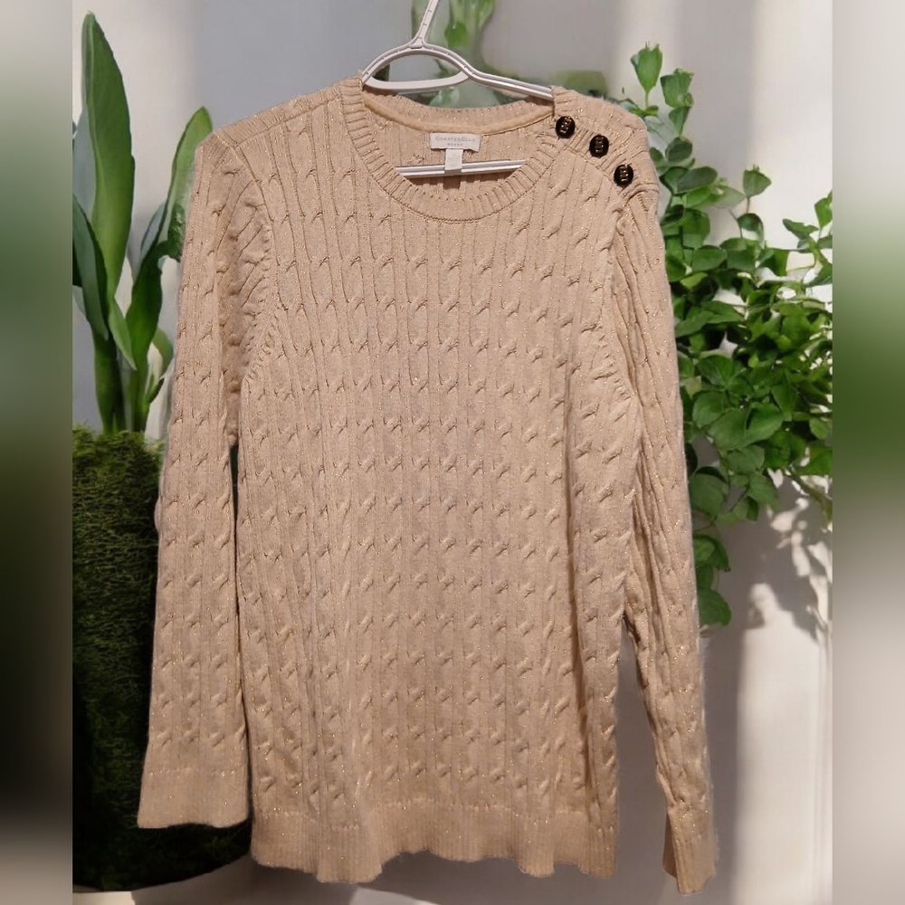 Charter Club Plus Cream Gold Metallic Cable Knit Sweater Woman size 3x Old Money
